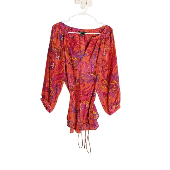 Lauren Ralph Lauren Blouse 100% Silk Paisley Boho Bohemian Flowy Top Sz L - Picture 2 of 11